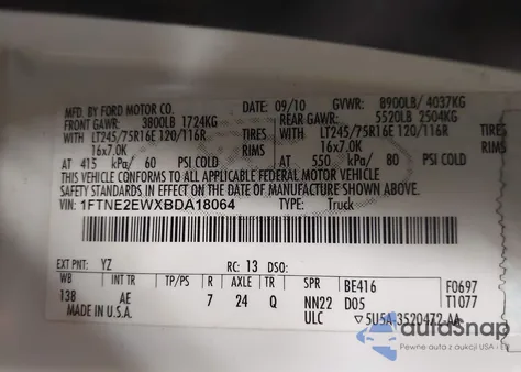 2011 Ford E-250 Commercial from USA, damaged, VIN 1FTNE2EWXBDA18064